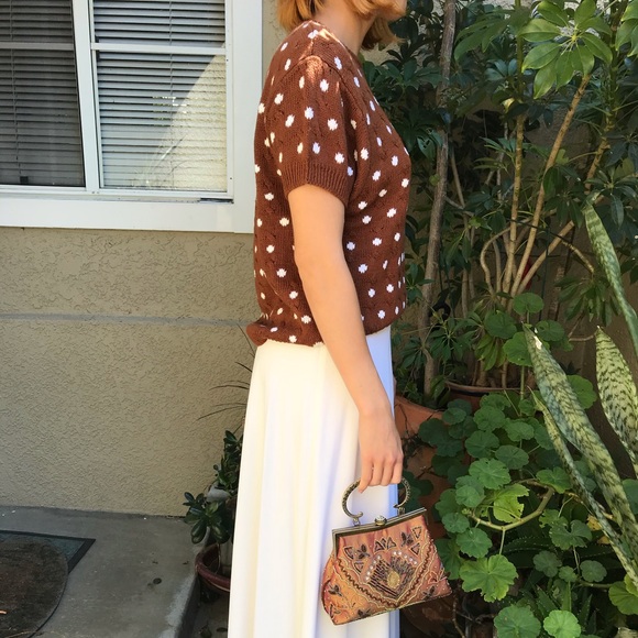 WORTHINGTON Vintage White Polka Dot Ramie Cotton Knit Shirt Short Sleeve Sweater - Picture 5 of 13